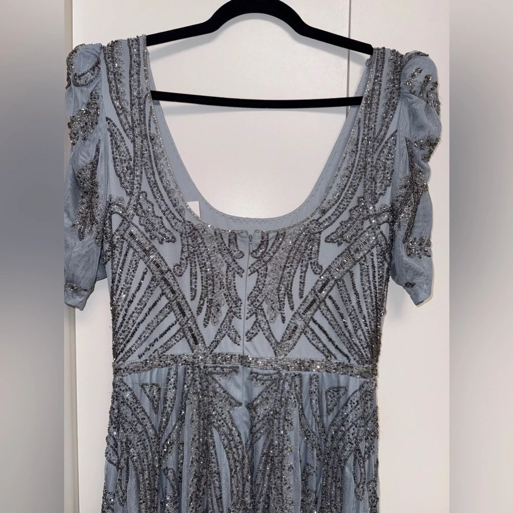 NWT |Mac Duggal A5434 Silver Short Sleeve Beaded A-line Tea Length Dress Size 10 - Picture 7 of 16